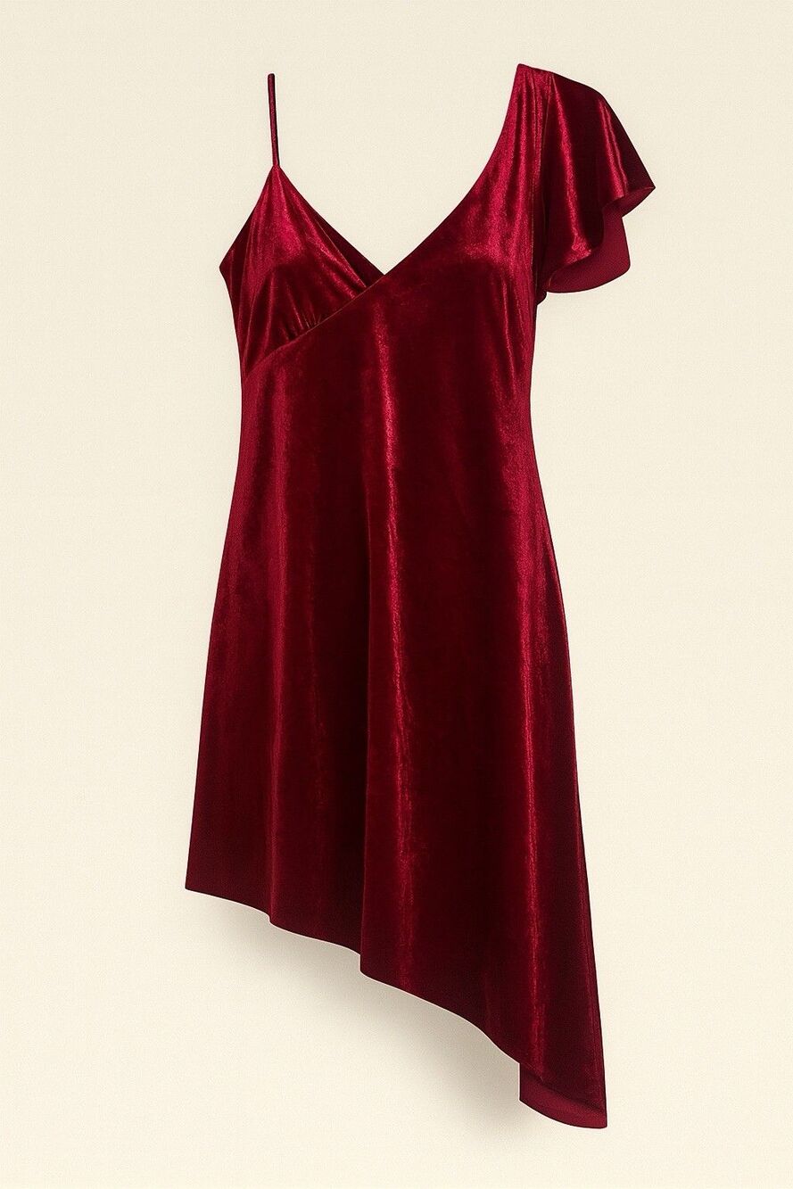 Christmas Dress Burgundy Red One Shoulder Asymmetric Velvet Velour Holiday Party